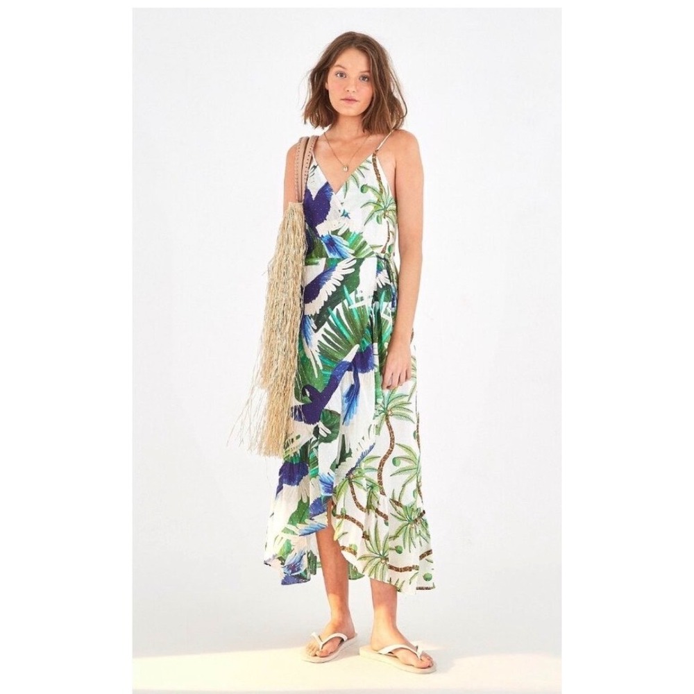 Farm Rio Wrap Dress Womens Small Tropical Palm Bird Print Ruffle High Low Maxi